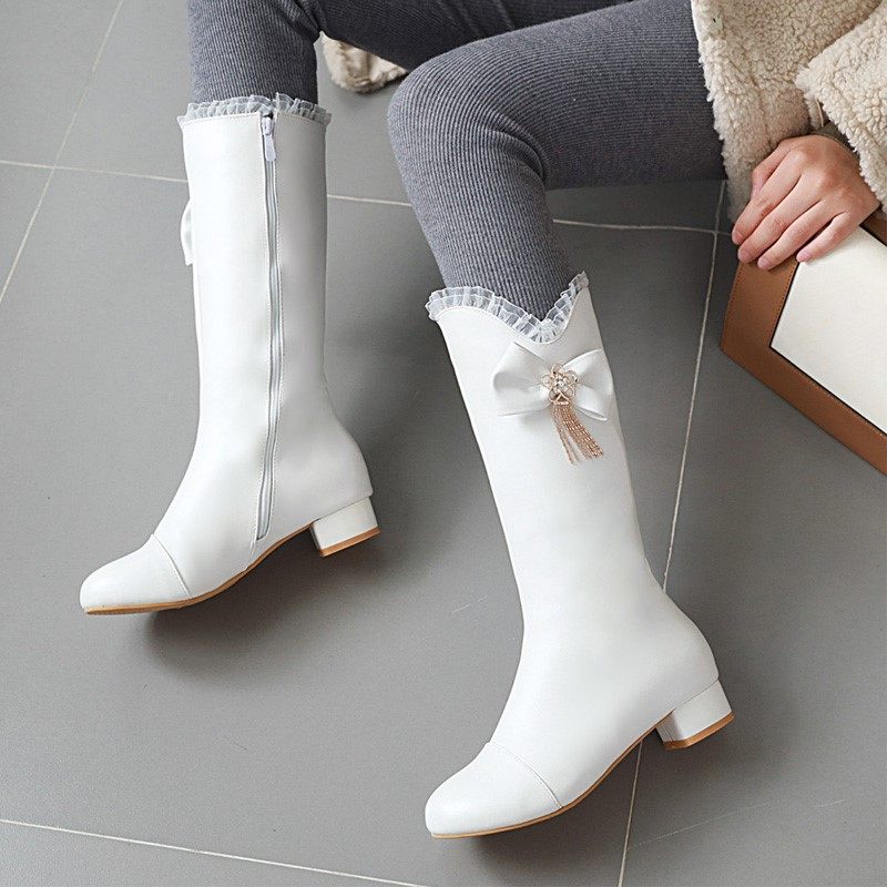 女童靴子2020新款春秋单靴白色儿童长靴小女孩皮靴