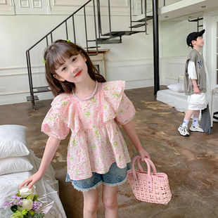 女童衬衫夏装新款韩版短袖洋气碎花儿童小女孩秋季泡泡袖半袖上衣