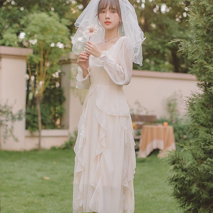 小白裙领证轻婚纱小礼服法式白色长裙仙女连衣裙子订婚裙日常可穿