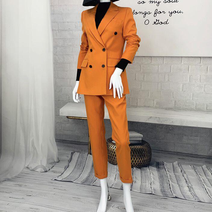 西装套装女气质新款橙色休闲双排扣西服外套搭九分裤ol套装春秋