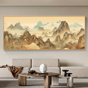 千里江山图风景挂画客厅沙发背景墙装饰画新中式山水聚财横版壁画