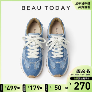 BeauToday牛仔阿甘鞋女厚底2024春夏新款设计感帆布鞋牛仔运动鞋