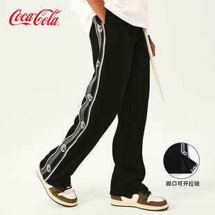 Coca-Cola/可口可乐 休闲裤男夏季痞帅拉链直筒裤宽松黑色拖地裤