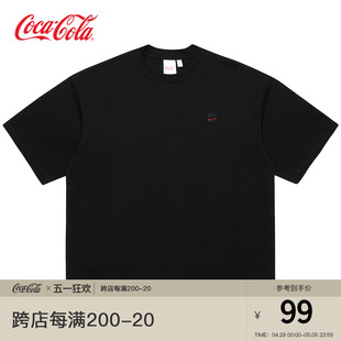 Coca-Cola/可口可乐 短袖男夏季新款纯色飘带章仔宽松休闲落肩T恤