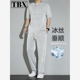 冰丝运动套装男士夏季薄款2024新款休闲裤子短袖t恤速干衣服一套