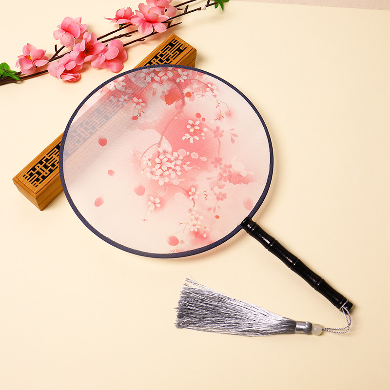 半透丝质团扇古风扇子女古装汉服旗袍古典中国风长柄流苏圆扇