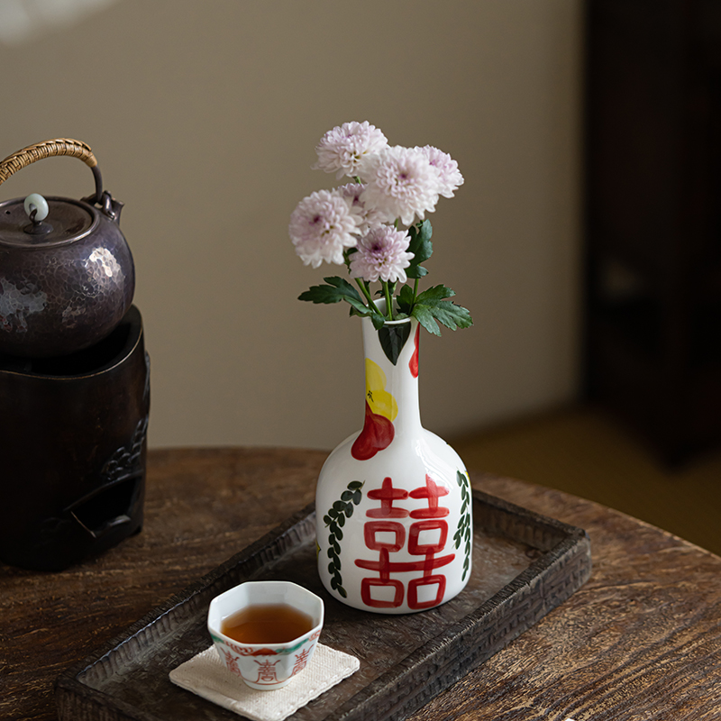 景德镇手绘复古双喜小花瓶手工陶瓷花器中式复古风水养插花摆件