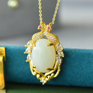 阿里拍卖捡漏古法金镶嵌和田玉白玉鸳鸯精美吊坠项链玉坠送证书