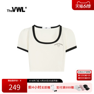 VWL辣妹U领短袖T恤美式复古正肩上衣女夏季2024新款高腰修身短款