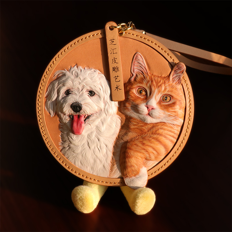 芝汇皮雕宠物纪念品宠物定制猫狗吊牌车挂来图定制小饰品钥匙扣