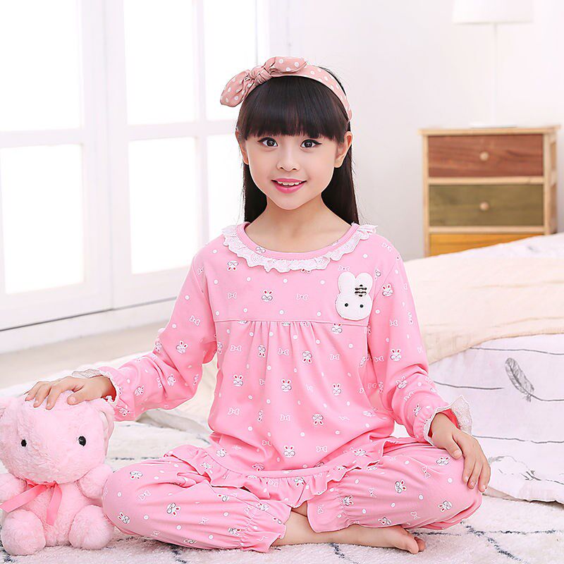儿童睡衣女季睡衣长m袖春秋款纯色棉质夏童小女孩套装中居童家大