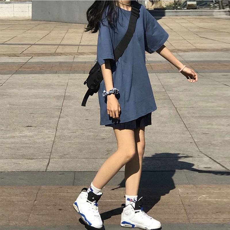 纯棉短袖雾霾蓝色t恤女夏打底衫