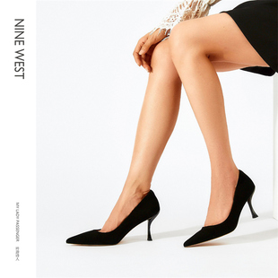 Nine West/玖熙羊反绒高跟鞋女春季新款细跟尖头经典单鞋女浅口