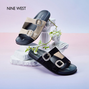 Nine West/玖熙钻扣厚底勃肯拖鞋2024年夏季新款外穿休闲凉拖女