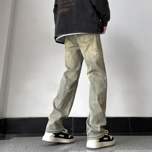 黄泥色星星牛仔裤男春季潮牌美式高街嘻哈设计感宽松直筒休闲长裤