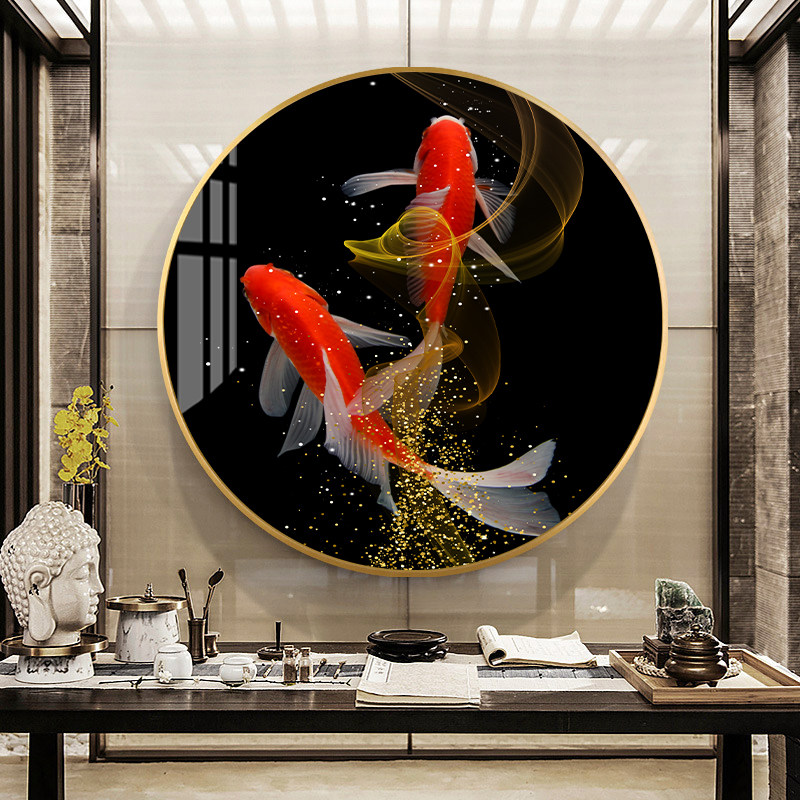 (今日7折)招财九鱼图 风水寓意手绘过道玄关油画 横