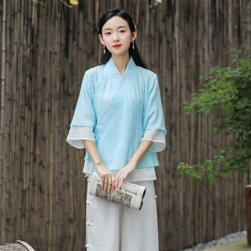 唐装女装中国风交领系带p上衣改良汉服春季2022年新款中式禅意茶