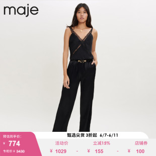 Maje Outlet春夏女装时尚黑色蕾丝吊带直筒连体裤长裤MFPCO00265