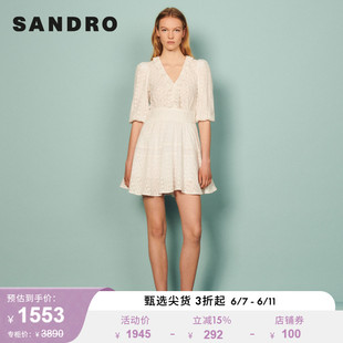 SANDRO Outlet女装春夏气质蕾丝花边白色V领短款连衣裙SFPRO02192