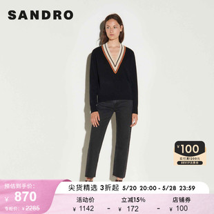 SANDRO Outlet女装法式V领羊毛混纺学院风黑色针织上衣SFPPU00791