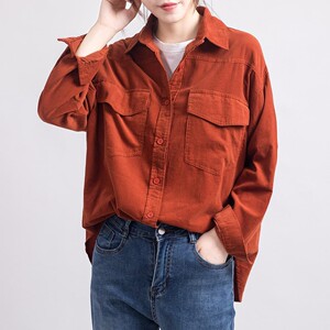 复古灯芯绒衬衫女长袖2020秋季新款细条绒双口袋外穿上衣宽松韩版