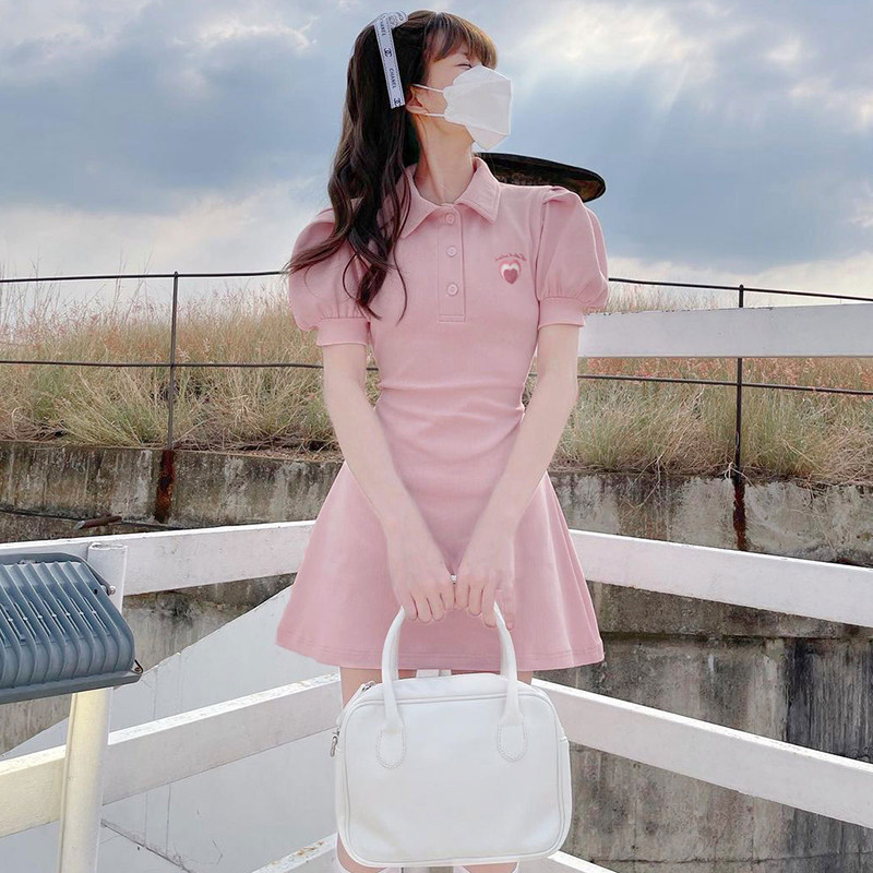 aomr韩系少女感泡泡袖polo领学生a字裙ins收腰显瘦粉色减龄连衣裙