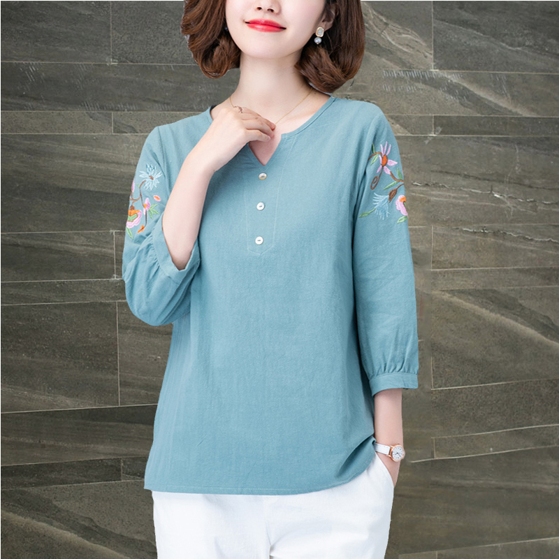 棉麻七分袖上衣女2023年夏季新款大码宽松短袖体恤刺绣花女式中袖亚麻