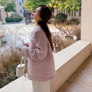 粉紫色名媛小香风外套女2024春季新款法式高级感超好看气质短上衣