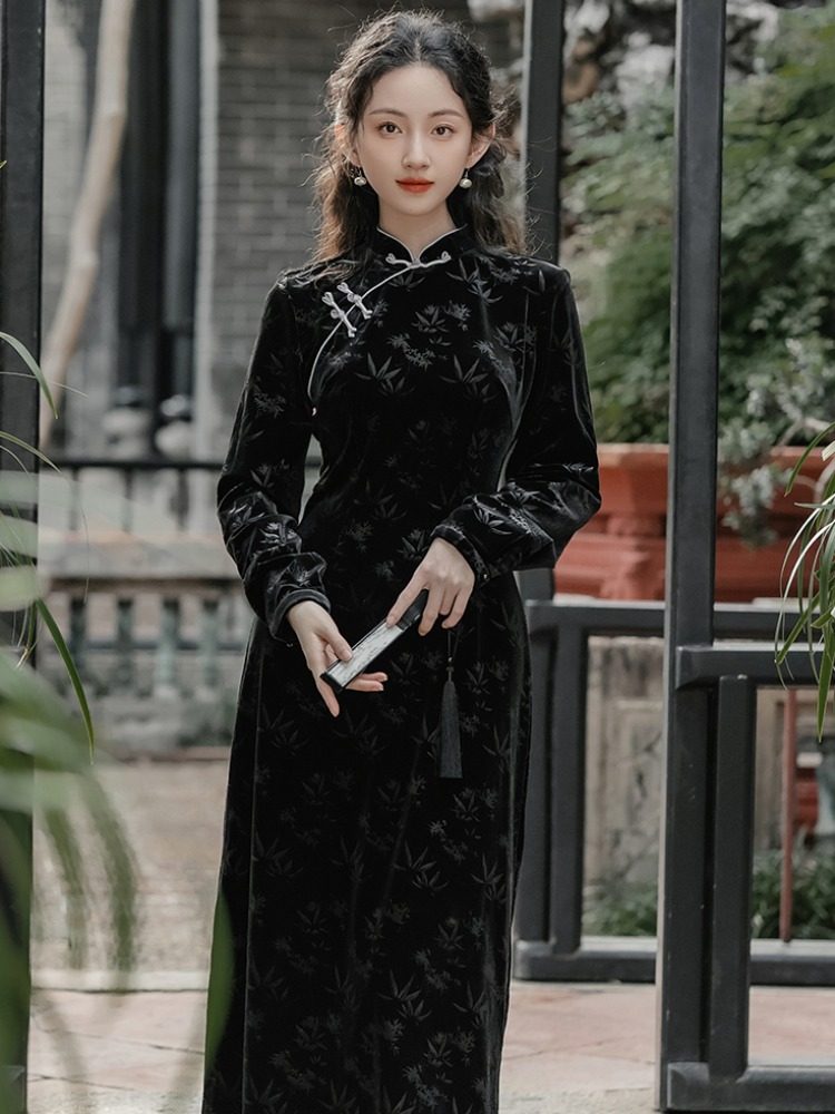 旗袍秋冬款唐装冬中式女装中国风黑色丝绒连衣裙新中式轻国风冬装