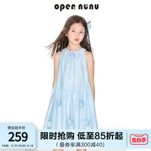 opennunu女童冰河蓝无袖连衣裙夏季新款手工玫瑰花儿童天丝仙女裙