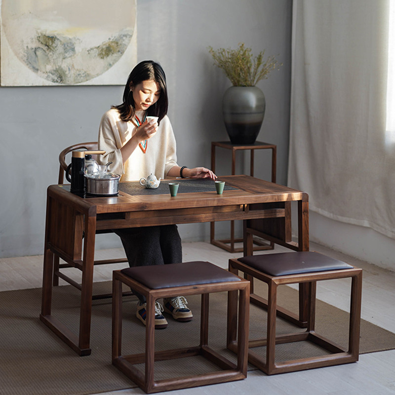 新中式黑胡桃木茶桌椅组合榫卯禅意茶室泡茶台办公室家用阳台茶桌