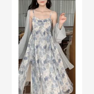 Blove仙女连衣裙海边度假长裙子气质吊带裙超仙2023秋季新款lan蓝