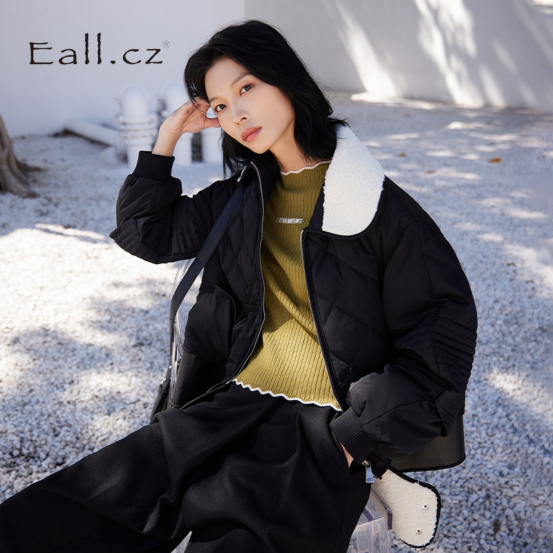 意澳Eall.cz娃娃领加厚羽绒服白鸭绒冬季新款时尚拼接短款外套女