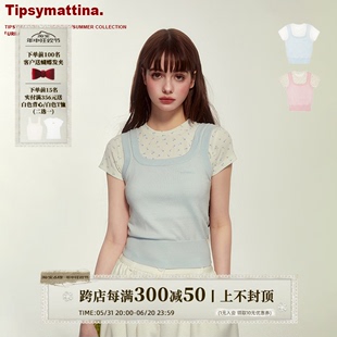 Tipsymattina微醺清晨原创假两件针织短袖上衣拼接碎花半袖T恤女