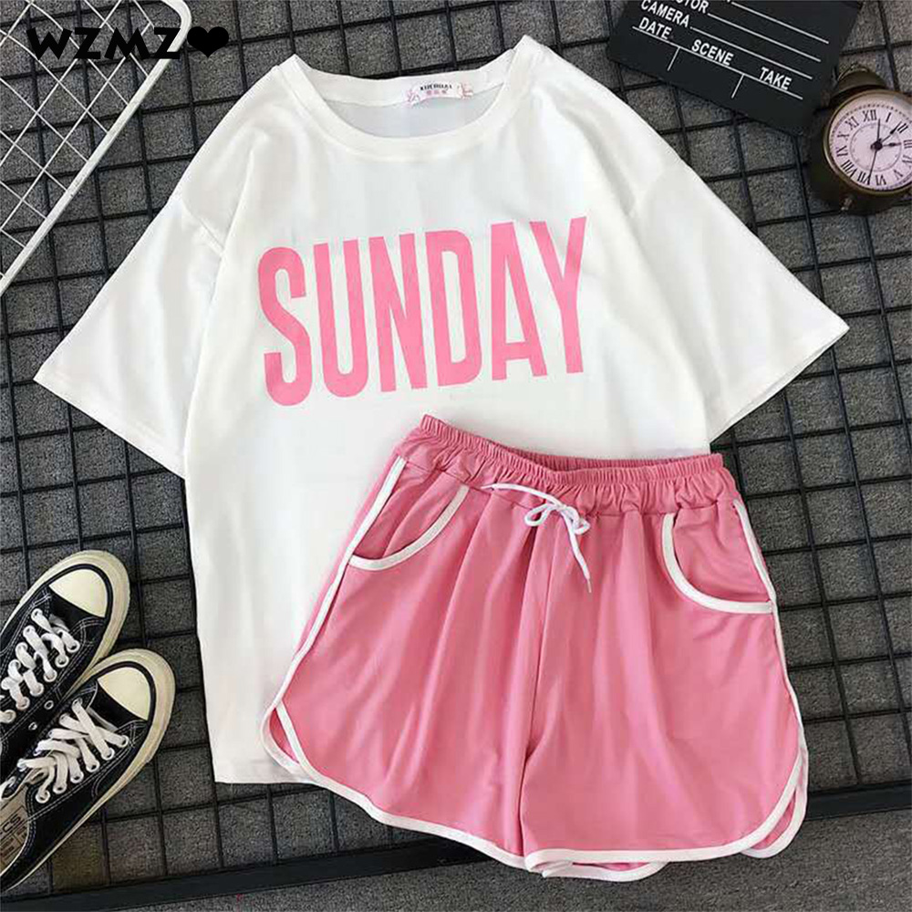 Girls Casual Pijama Two Piece Fashion SUNDAY Print Short Set