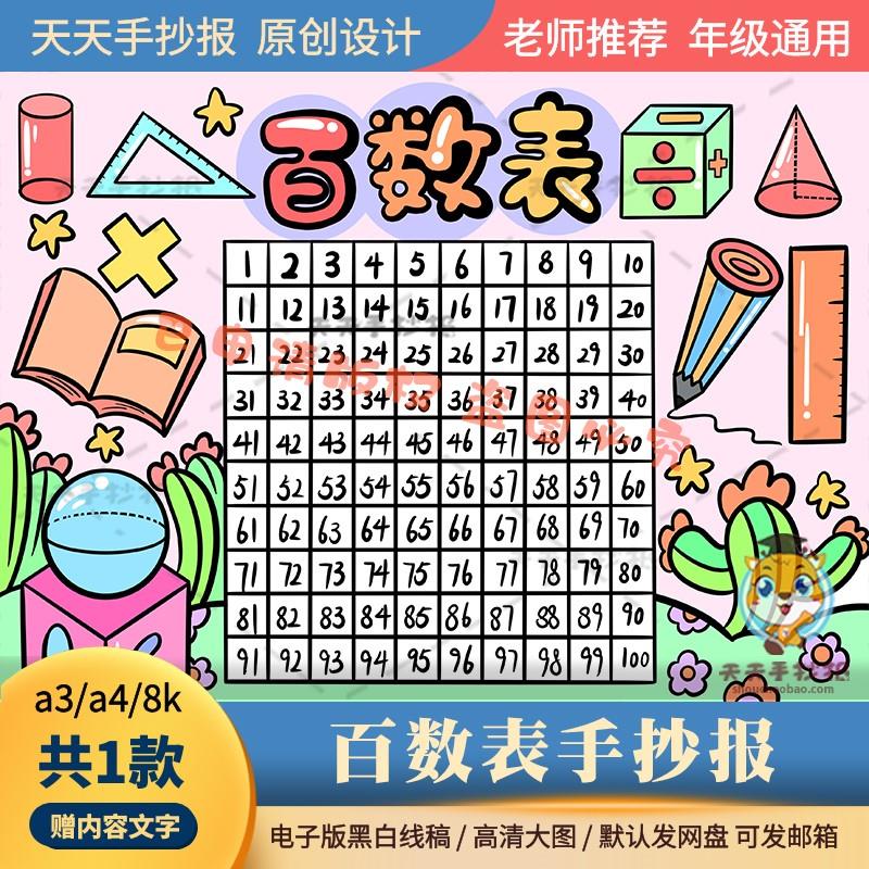 一年级数学下册百数表手抄报模板电子版1到100的百数表图a3a4涂色