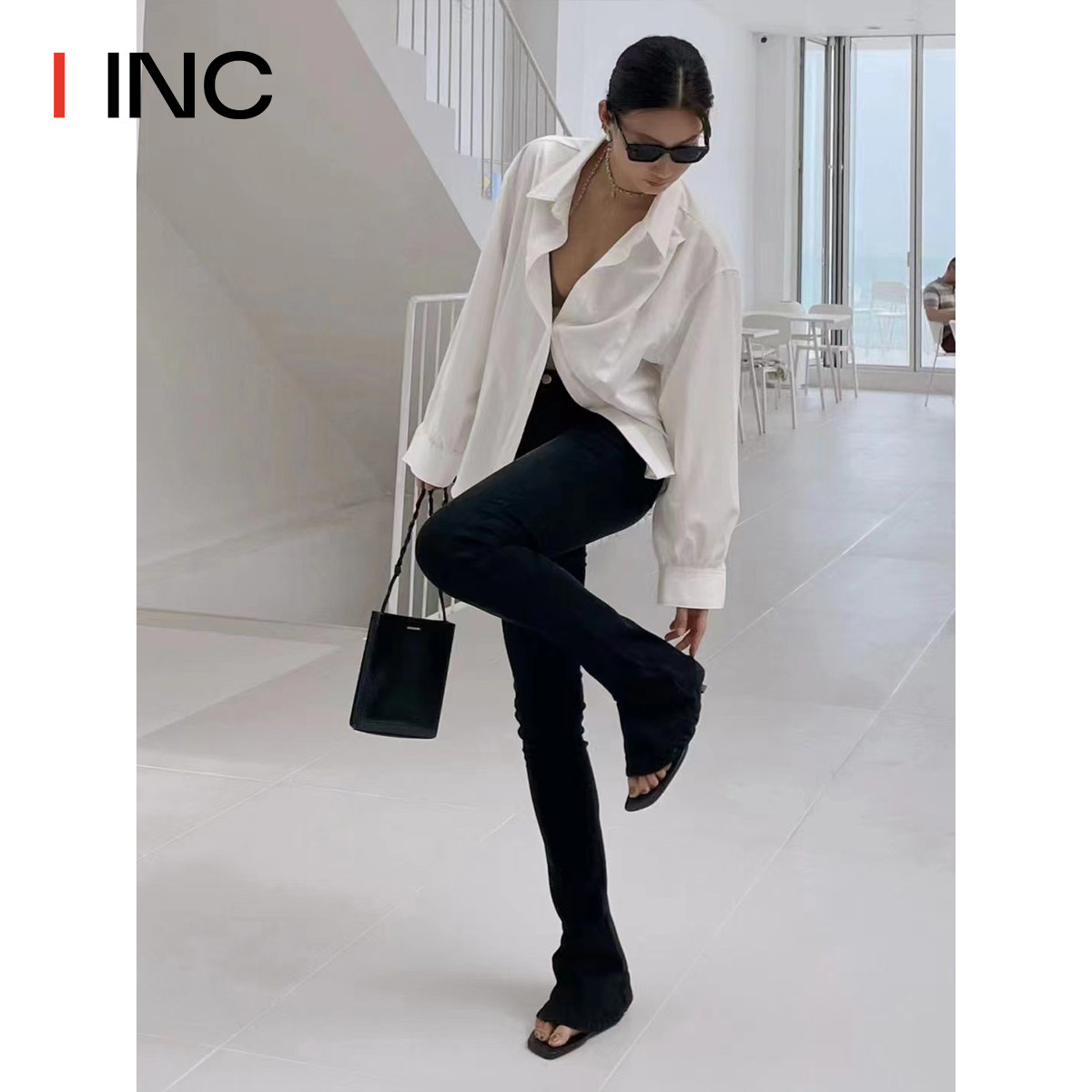 【ther. 设计师品牌】iinc 22秋冬黑色高腰马蹄裤女微喇叭休闲裤