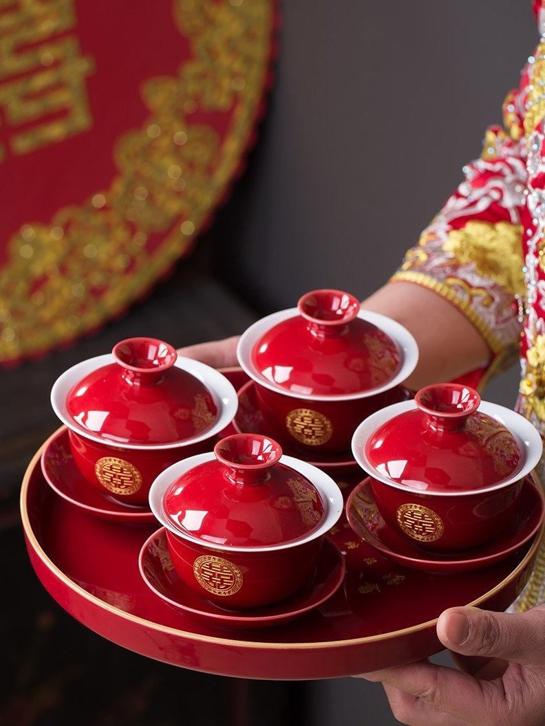 改口敬茶杯结婚套装新品婚礼敬茶碗红小盖碗托盘喜婚书送闺蜜礼品