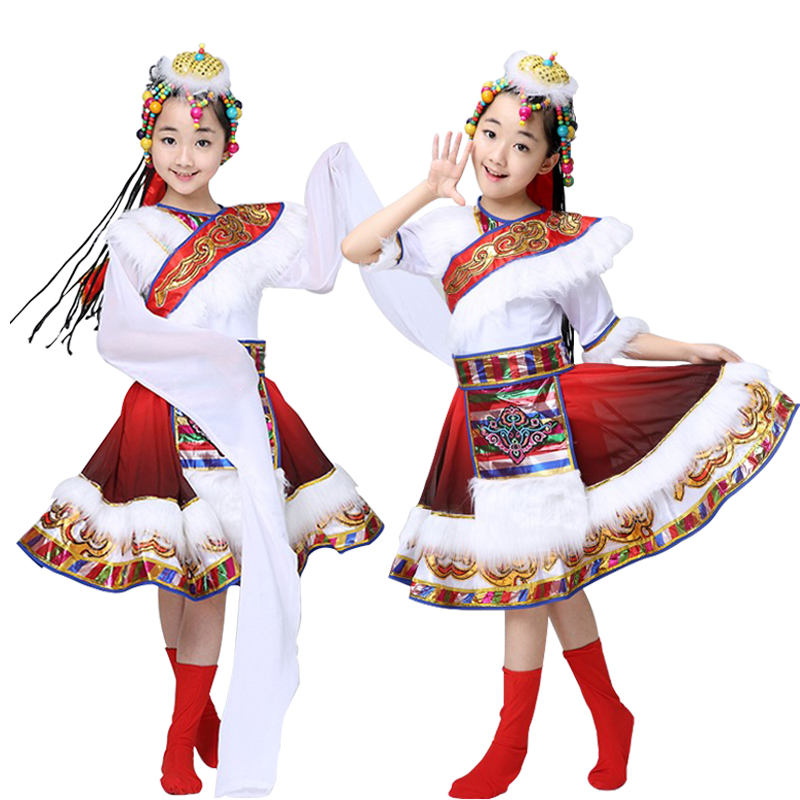 新款少数民族藏族儿童演出服装蒙古族舞蹈男女短袖长袖表演服饰
