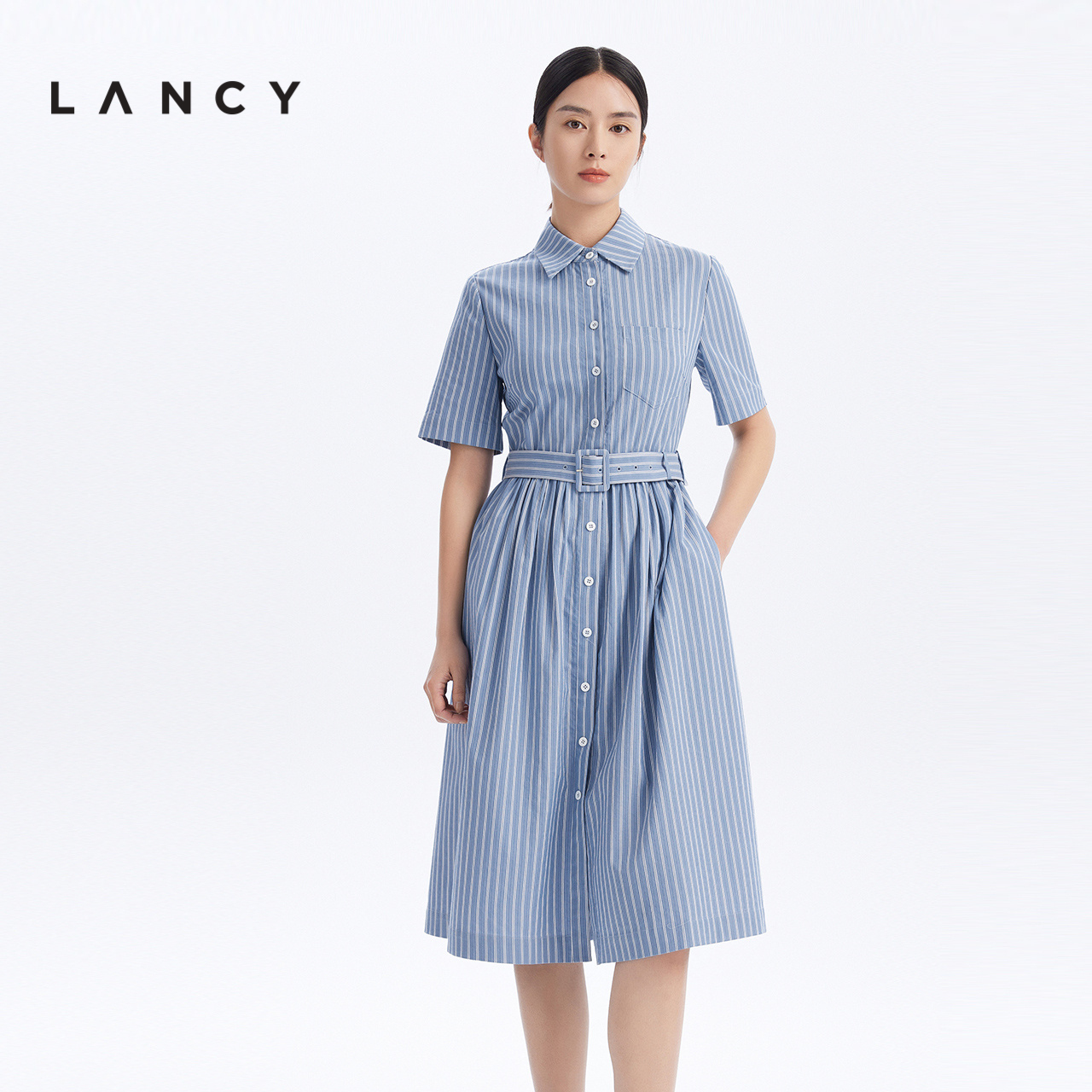 LANCY/朗姿2023夏季新款收腰显瘦条纹衬衫连衣裙高级感气质裙子女