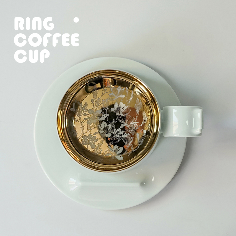 飞形物ringcup指环杯咖啡杯玉兰镌刻纹版影青金色景德镇原创礼物