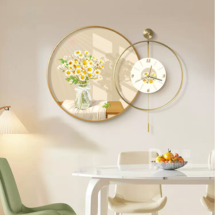 奶油风餐厅装饰画餐桌背景墙挂画绿植钟表挂钟组合壁画小清新