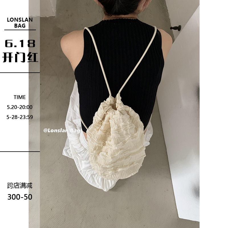 Lonslan BAG 24SUMER NEW小众设计细肩带褶皱抽绳单肩斜跨双肩包