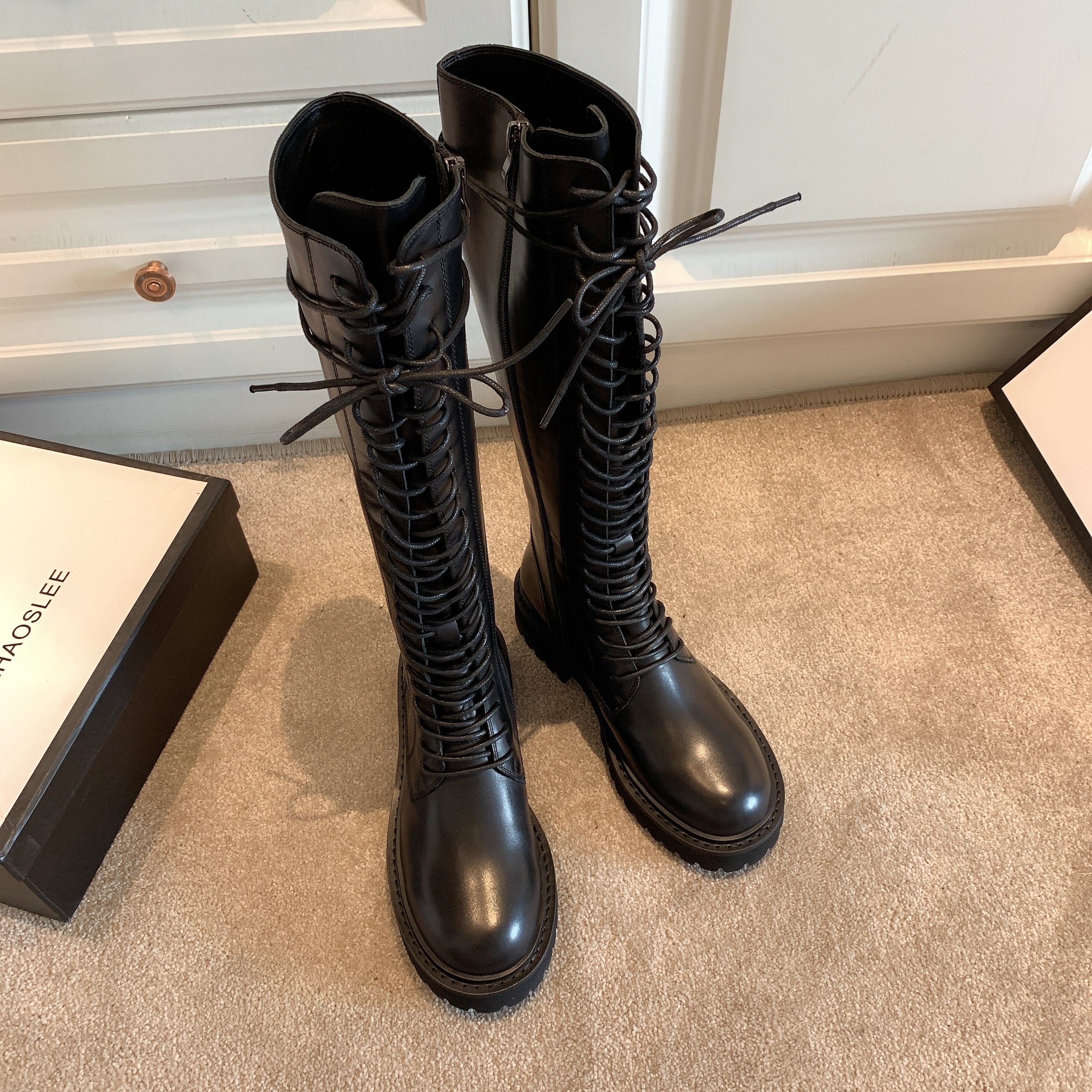 ann骑士靴女真皮系带高筒长靴2021秋冬新款长筒马丁靴不过膝靴子