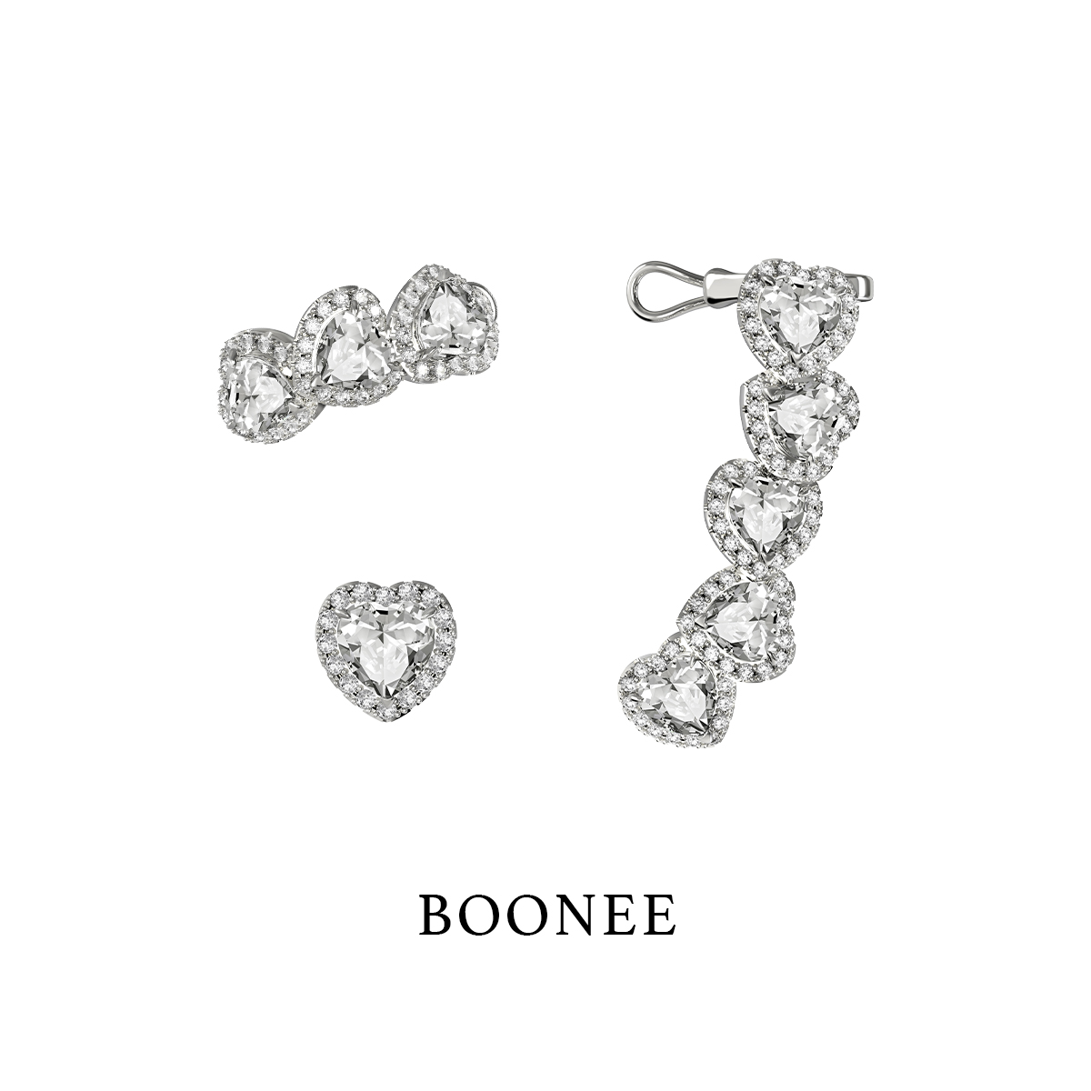 BOONEE爱心锆石拼接耳饰套装耳钉小众设计高级感耳夹无耳洞女新款