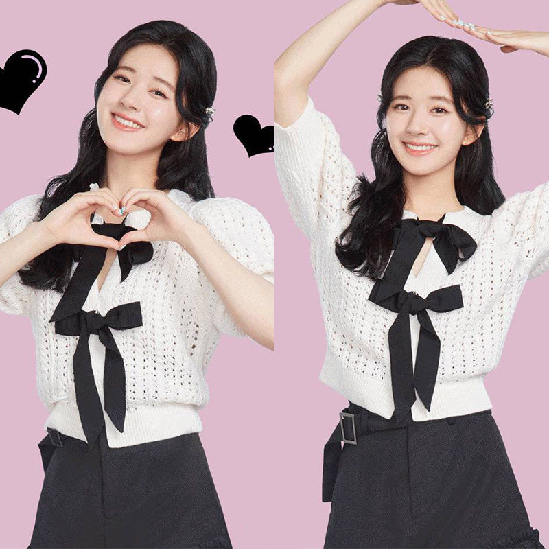ohvivi柯麦赵露思同款修身显瘦蝴蝶结针织上衣女泡泡短袖早秋毛衣
