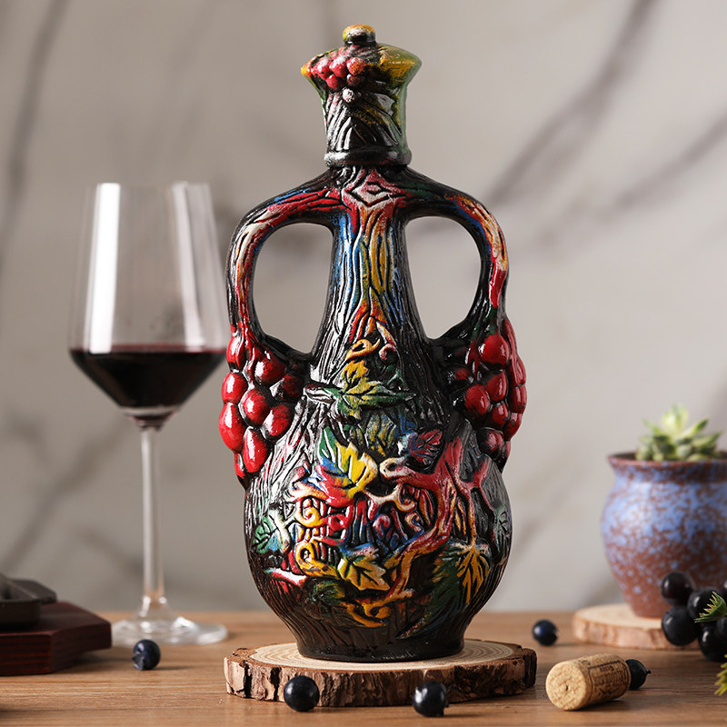 格鲁吉亚彩陶红酒原瓶原装进口陶罐半甜葡萄酒1000ml送礼袋开瓶器
