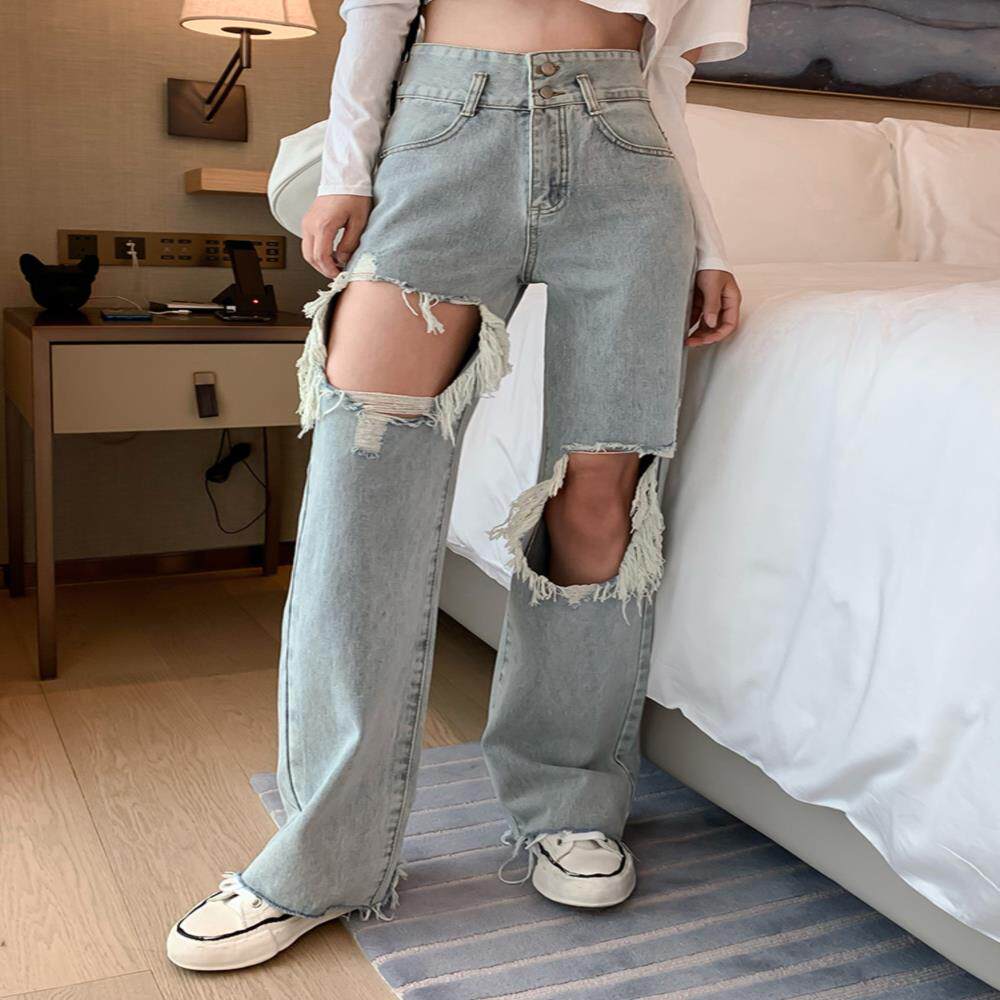 大破洞牛仔裤女夏季薄款辣妹乞丐裤子高腰显瘦宽松直筒拖地阔腿裤