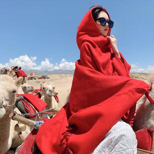 民族风披肩女云南丽江新疆西藏沙漠旅游拍照毯子红色连帽斗篷披风