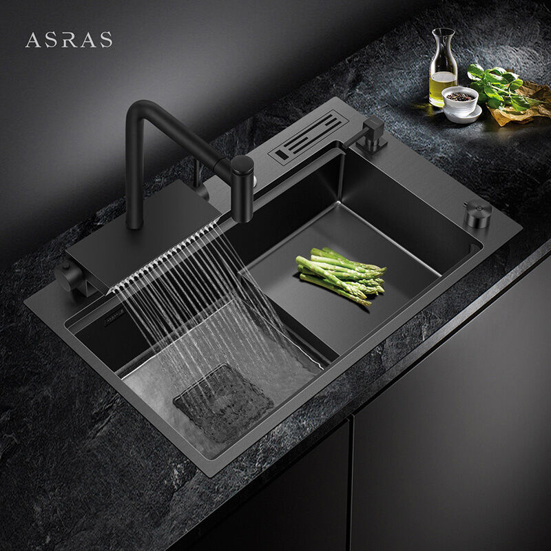 阿萨斯（ASRAS）阶梯式水槽黑色纳米手工单槽加厚304不锈钢厨房台